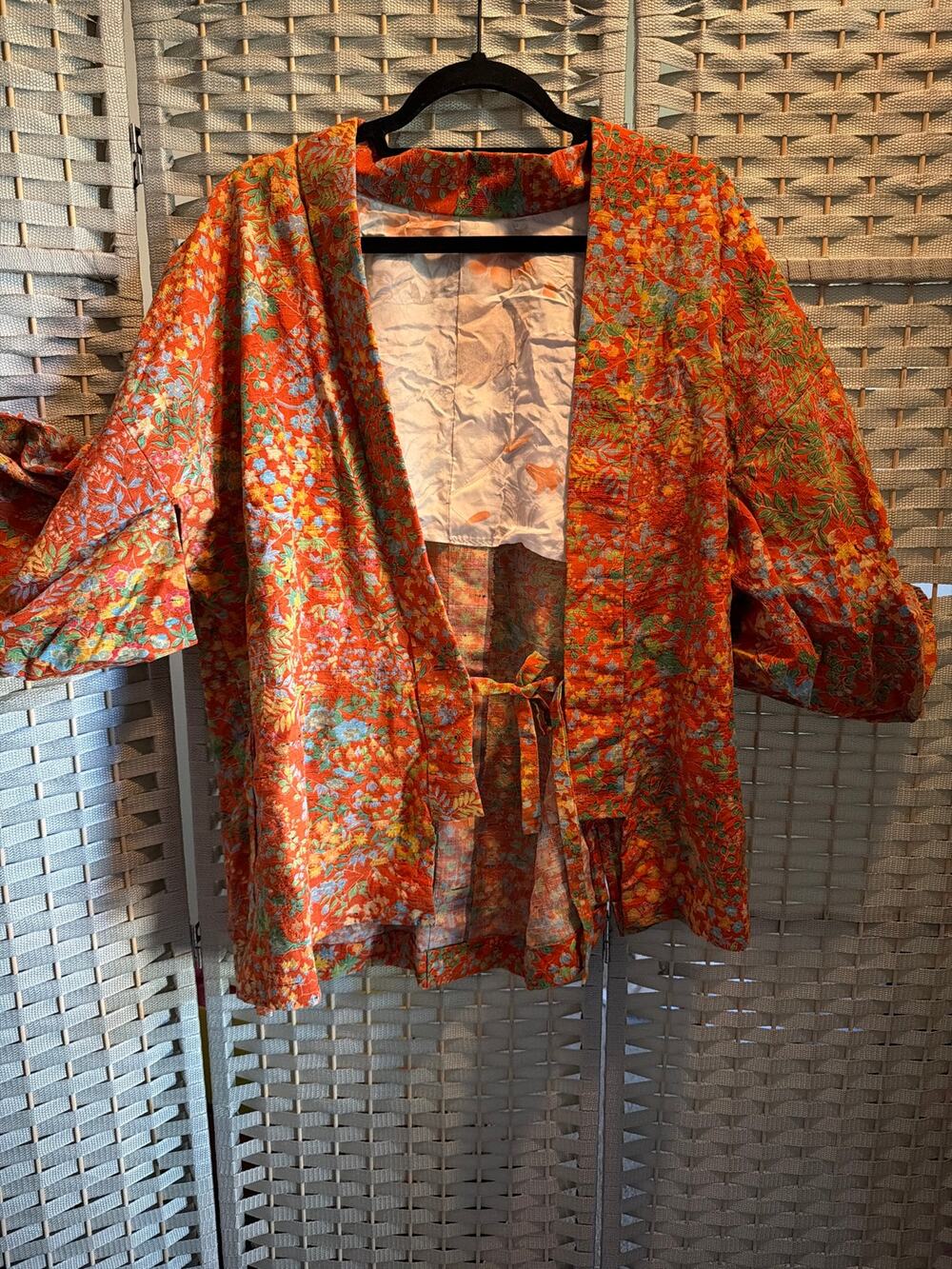 Handmade Floral Cotton Kimono Cardigan Orange OS Boho Tie Front Cover Up Top